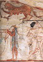 Tarquinia, tombe des Lionnes, mur du fond, Lionne, Aulete et Danseuse, vers 520 
av JC (musee de Lyon).jpg