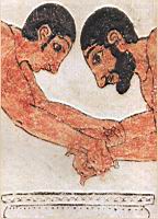 Tarquinia, tombes 
des augures, detail de la paroi droite avec 2 lutteurs combattant au dessus d'un lebes en bronze, vers 520 av JC 
(musee de Lyon).jpg